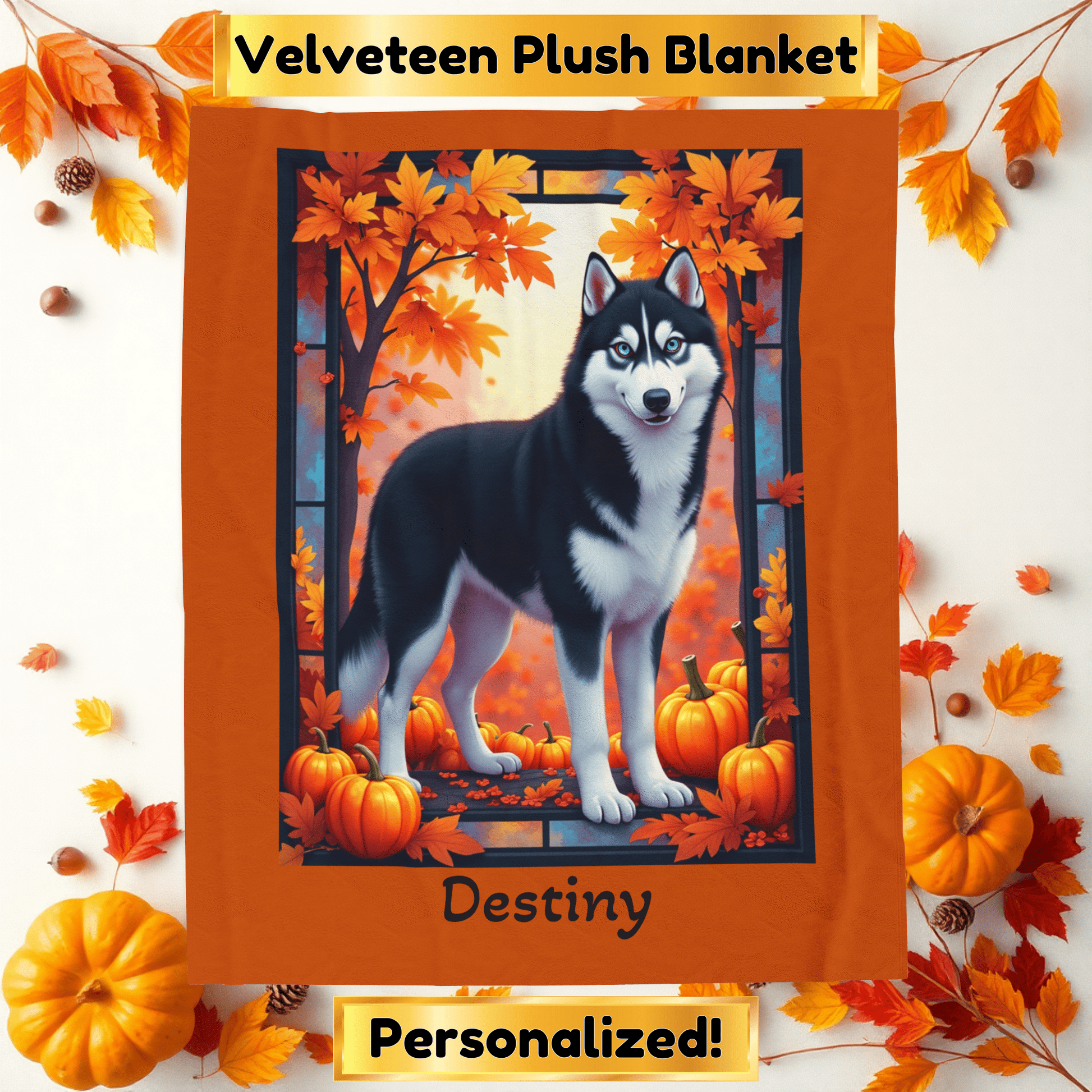 Siberian Husky Black & White Coat (Blue Eyes) Velveteen Blanket, Personalized Plush Dog Throw