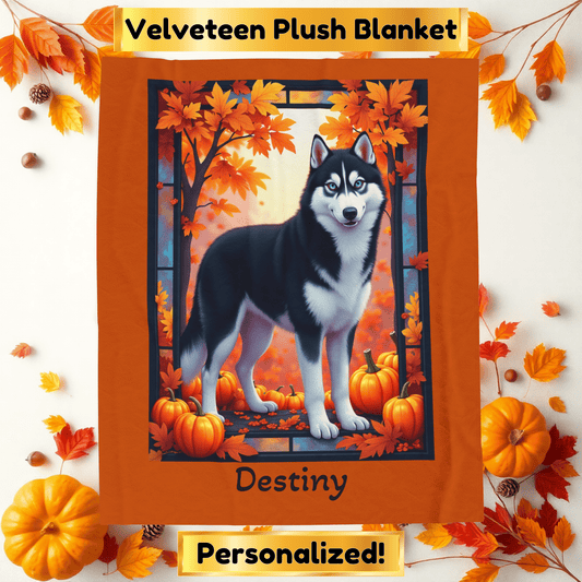Siberian Husky Black & White Coat (Blue Eyes) Velveteen Blanket, Personalized Plush Dog Throw