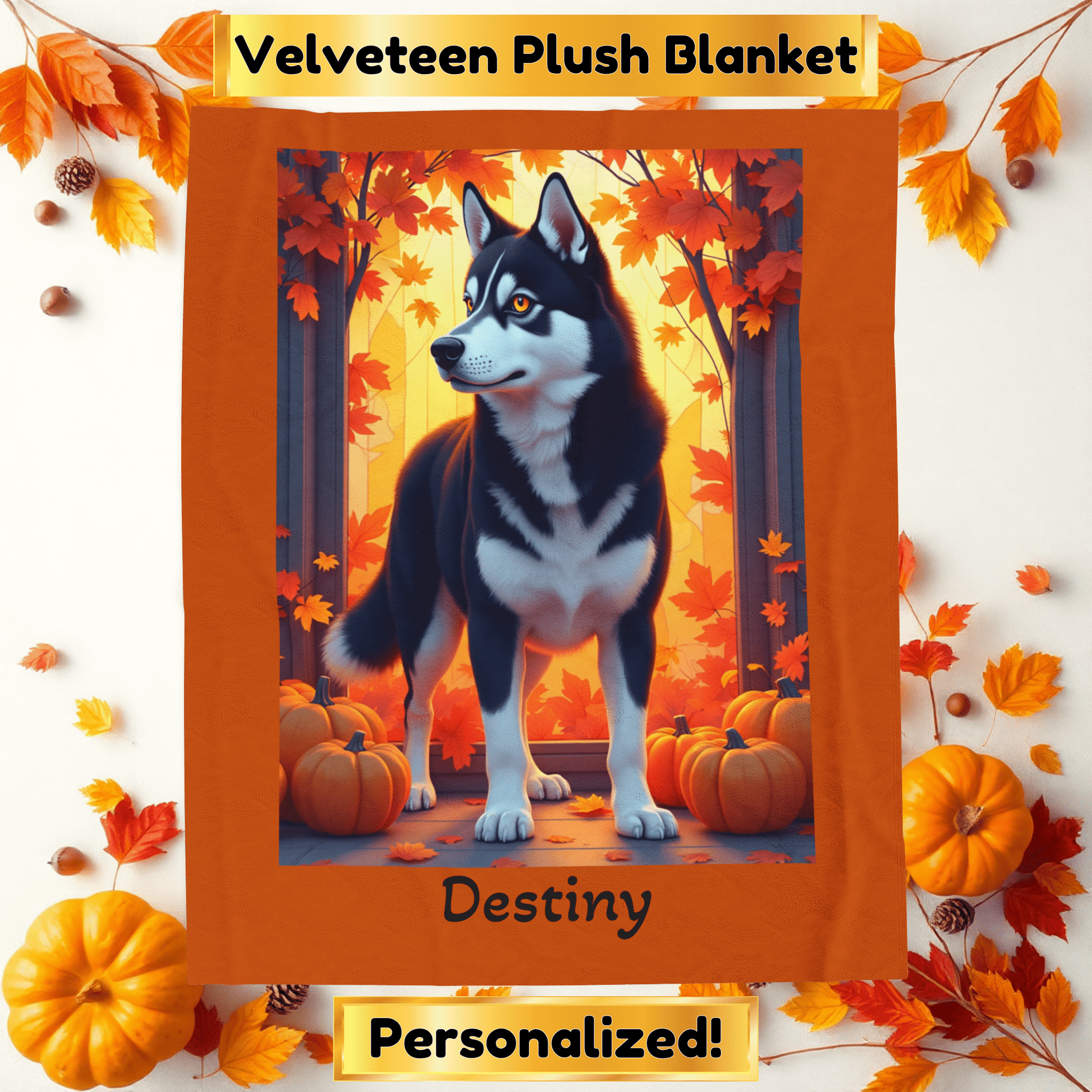 Siberian Husky Black & White Coat (Amber Eyes) Velveteen Blanket, Custom Dog Lover Throw