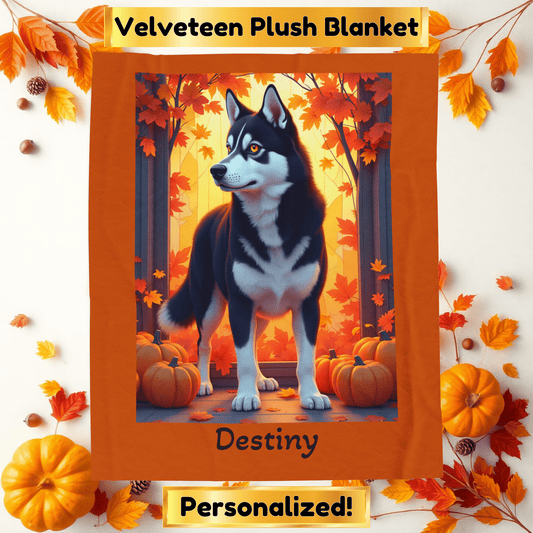 Siberian Husky Black & White Coat (Amber Eyes) Velveteen Blanket, Custom Dog Lover Throw