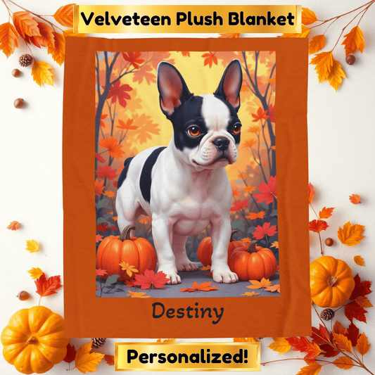 French Bulldog Black & Pied Coat Velveteen Blanket, Personalized Plush Dog Throw, Frenchie Lover Gift