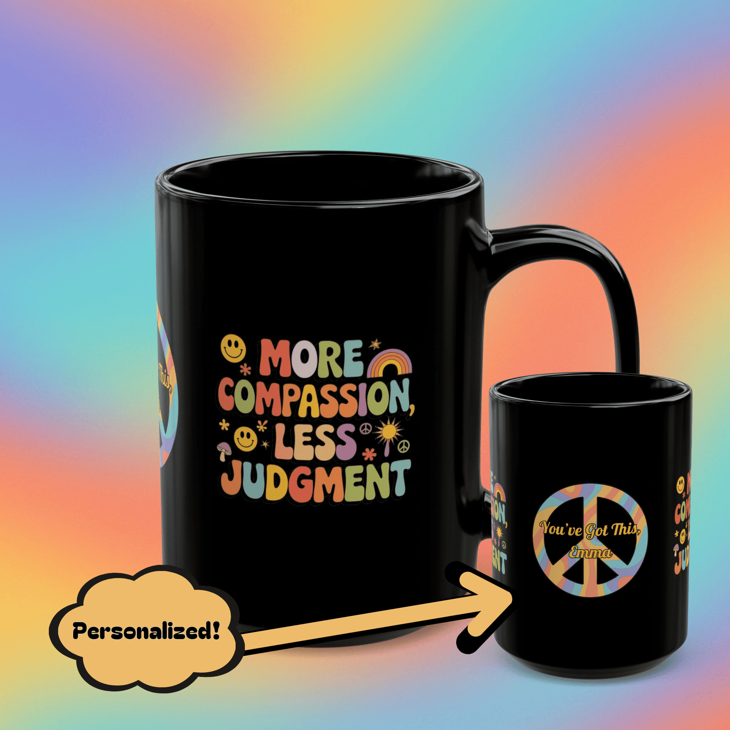 More Compassion, Less Judgment custom 70s mug, retro self-care & affirmations gift - MySisterIsASurvivor