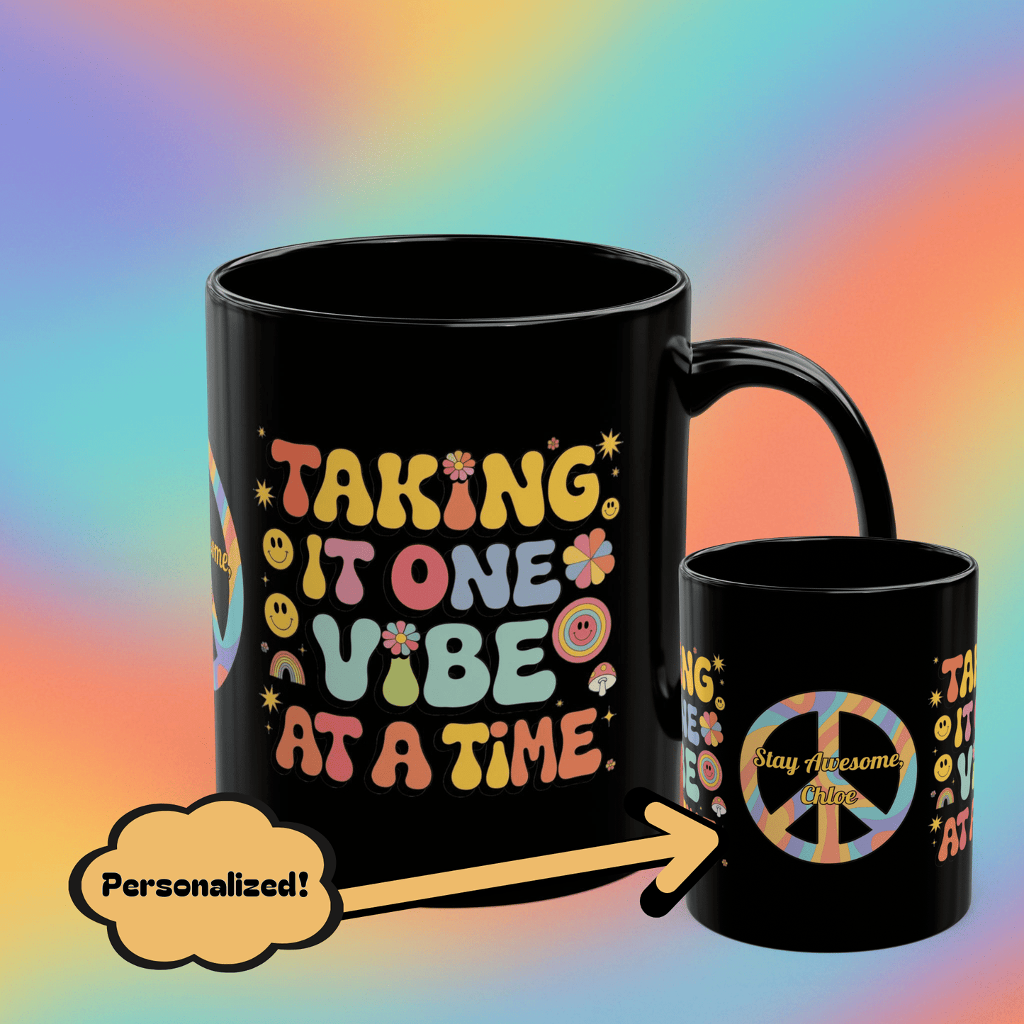 Taking It One Vibe at a Time retro 70s mug, positive affirmation coffee gift - MySisterIsASurvivor