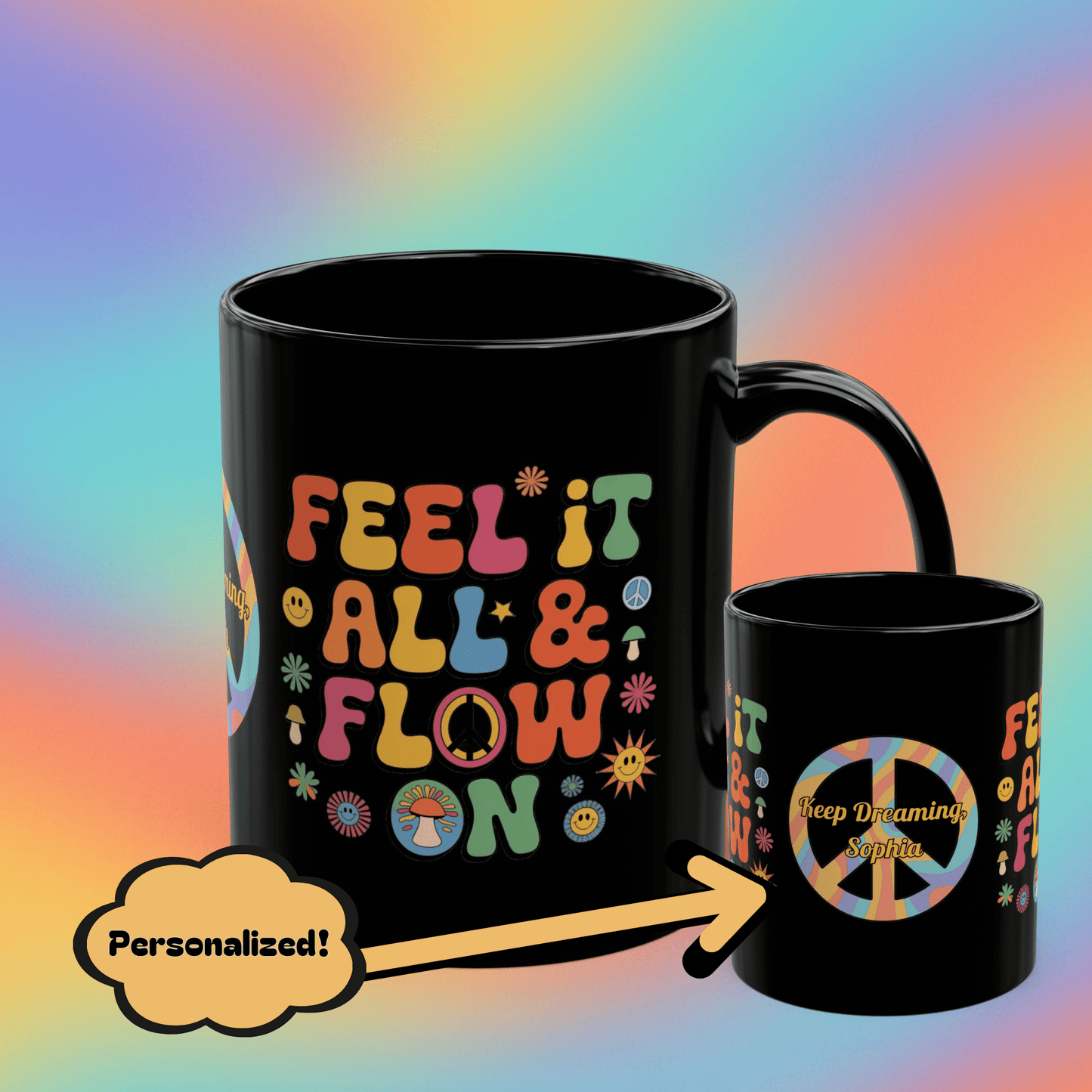 Feel It All & Flow On personalized mug, retro 70s mental wellness coffee cup gift - MySisterIsASurvivor