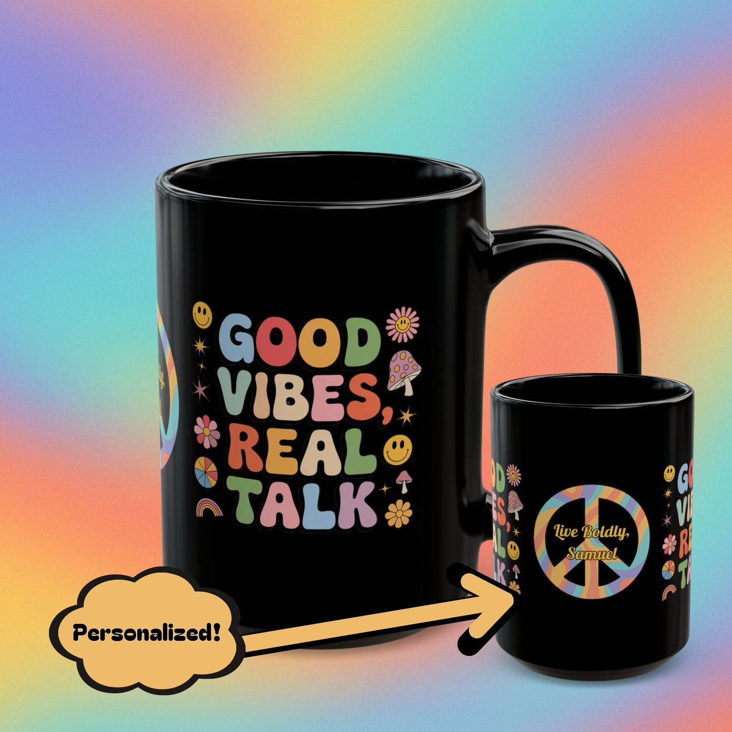 Good Vibes, Real Talk retro 70s coffee mug, positive affirmations self-care gift - MySisterIsASurvivor