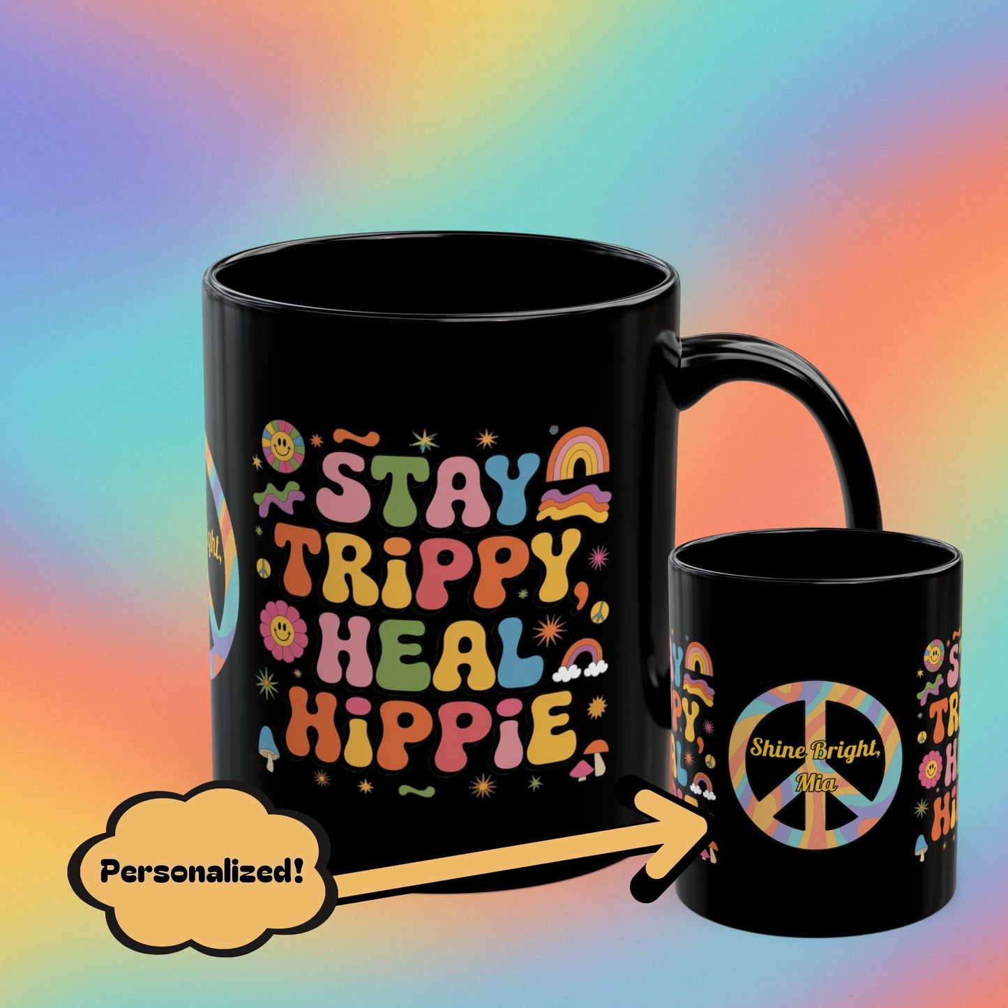 Stay Trippy Heal Hippie retro 70s mug, groovy self-care mental wellness gift - MySisterIsASurvivor