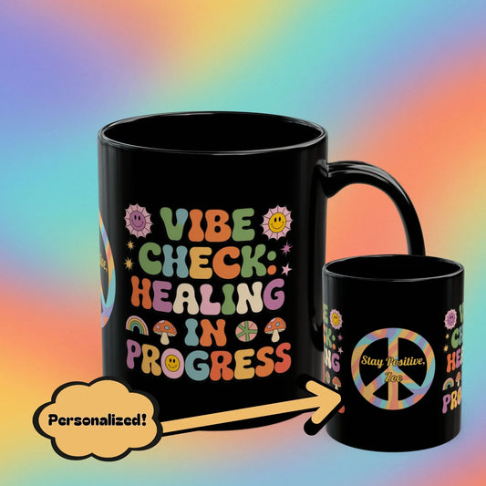 Shop our vibe check healing in progress black mug featuring the 15oz style option from MySisterIsASurvivor.