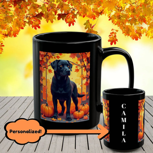 Shop our black labrador autumn black mug featuring the 15oz style option from MySisterIsASurvivor.