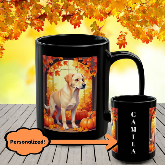 Shop our yellow labrador autumn black mug featuring the 15oz style option from MySisterIsASurvivor.