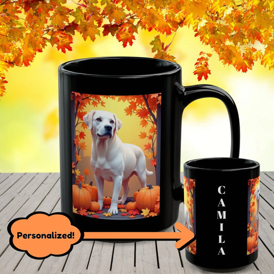 Shop our white labrador autumn black mug featuring the 15oz style option from MySisterIsASurvivor.