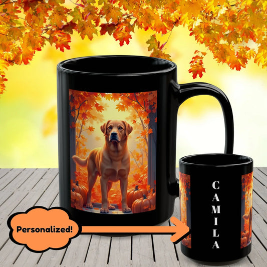 Shop our fox red labrador autumn black mug featuring the 15oz style option from MySisterIsASurvivor.