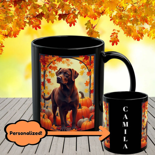Shop our chocolate labrador autumn black mug featuring the 15oz style option from MySisterIsASurvivor.