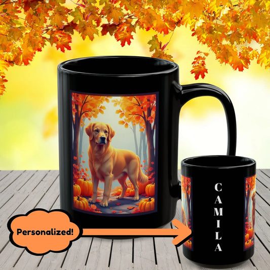 Shop our golden retriever autumn black mug featuring the 15oz style option from MySisterIsASurvivor.