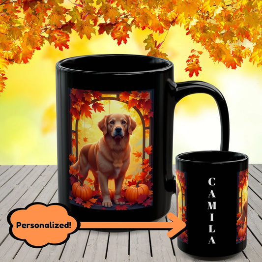 Shop our dark golden retriever autumn black mug featuring the 15oz style option from MySisterIsASurvivor.