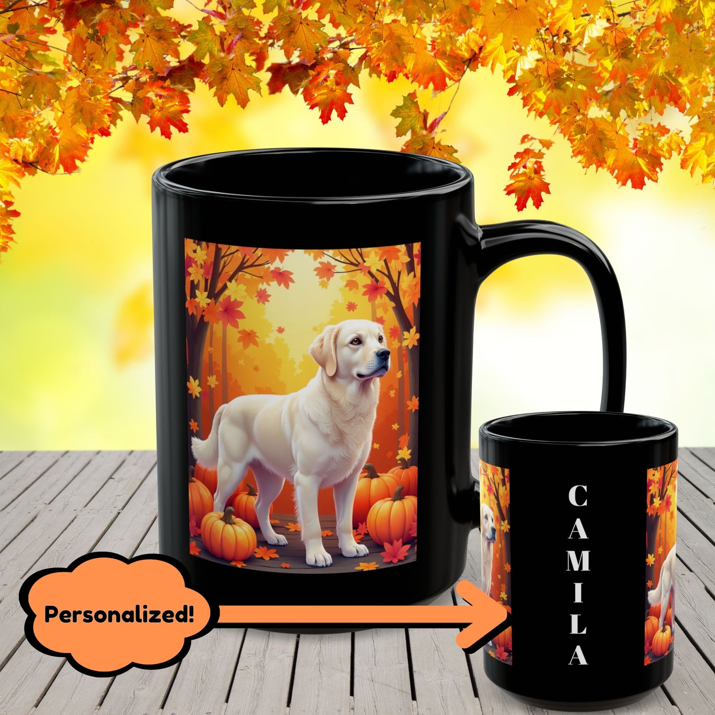 Cream Golden Retriever personalized mug with autumn leaves design, custom coffee cup for dog lovers, cozy fall drinkware gift for Goldie parents