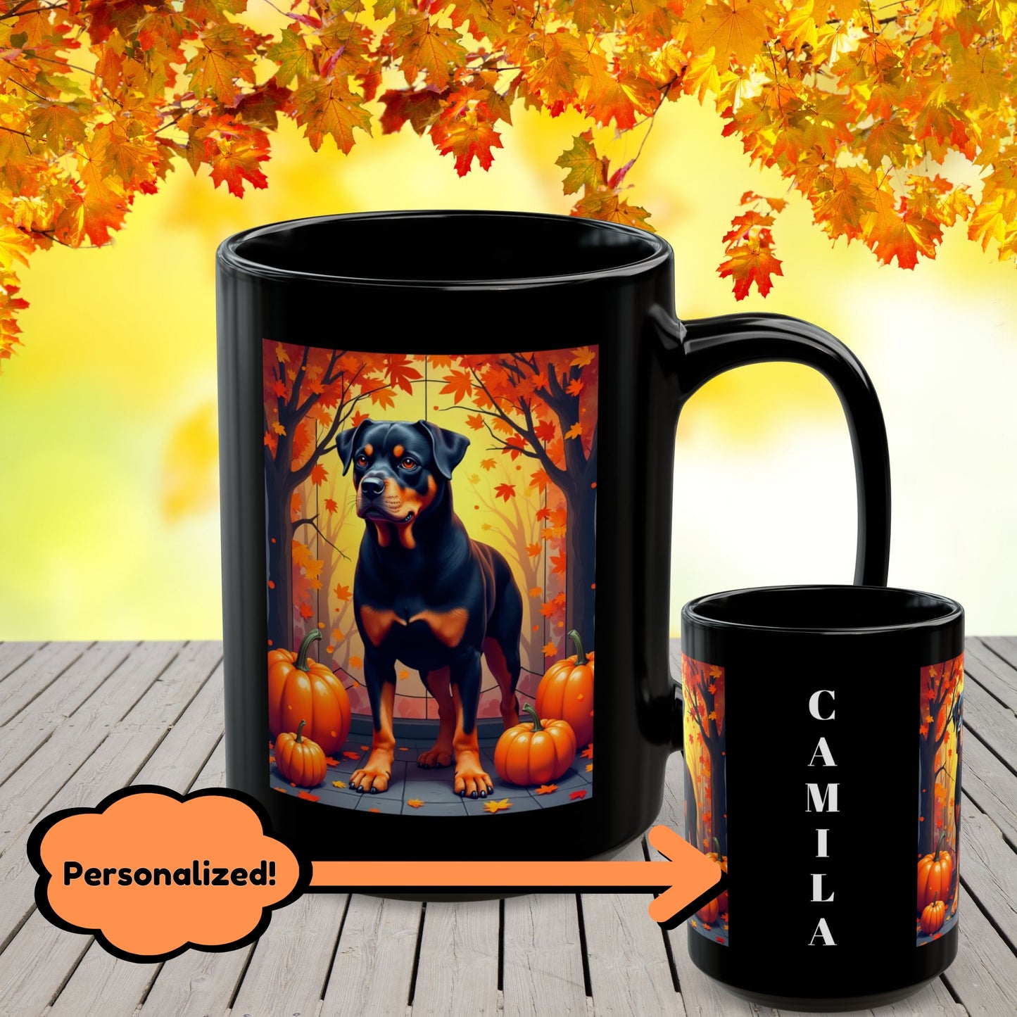 Black and Tan Rottweiler personalized mug, fall-themed coffee cup for dog lovers, cozy autumn drinkware gift