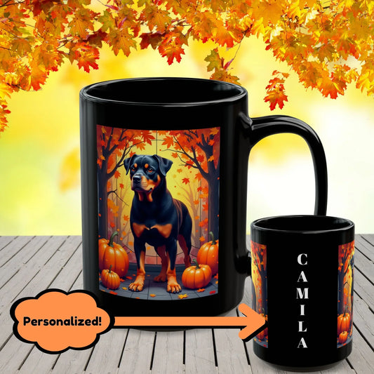 Shop our black and tan rottweiler autumn black mug featuring the 15oz style option from MySisterIsASurvivor.