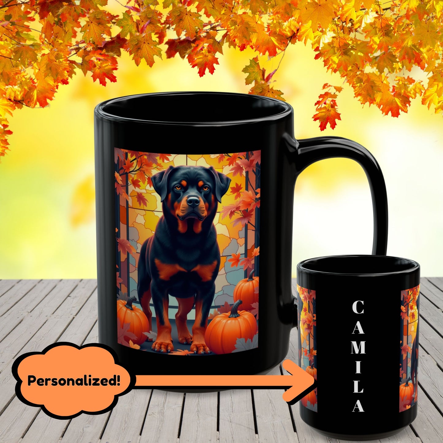 Black and Rust Rottweiler personalized mug with autumn leaves, custom coffee cup for dog lovers and cozy fall gift
