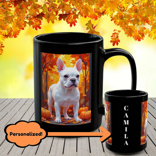 Shop our white french bulldog autumn black mug featuring the 15oz style option from MySisterIsASurvivor.