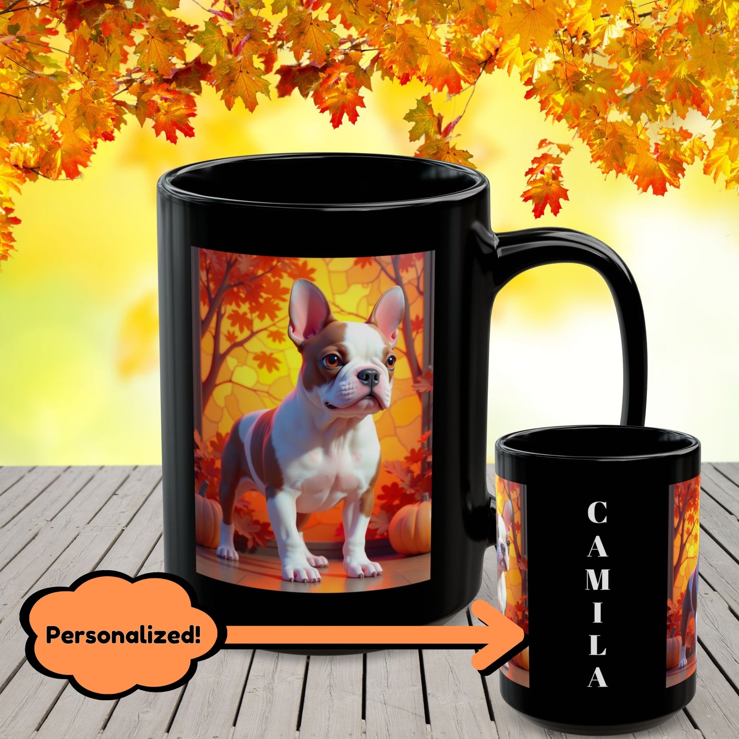 French Bulldog Red Pied - Autumn black mug, seasonal Frenchie lover gift for dog moms and dads