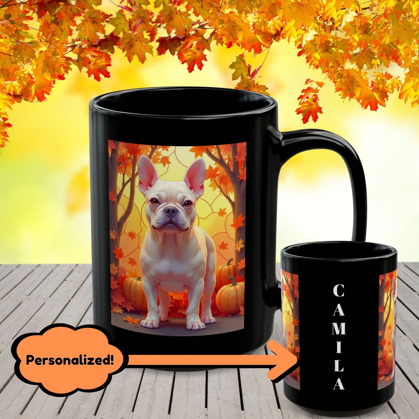 Cream French Bulldog Autumn Black Mug - Cozy fall Frenchie dog breed coffee mug