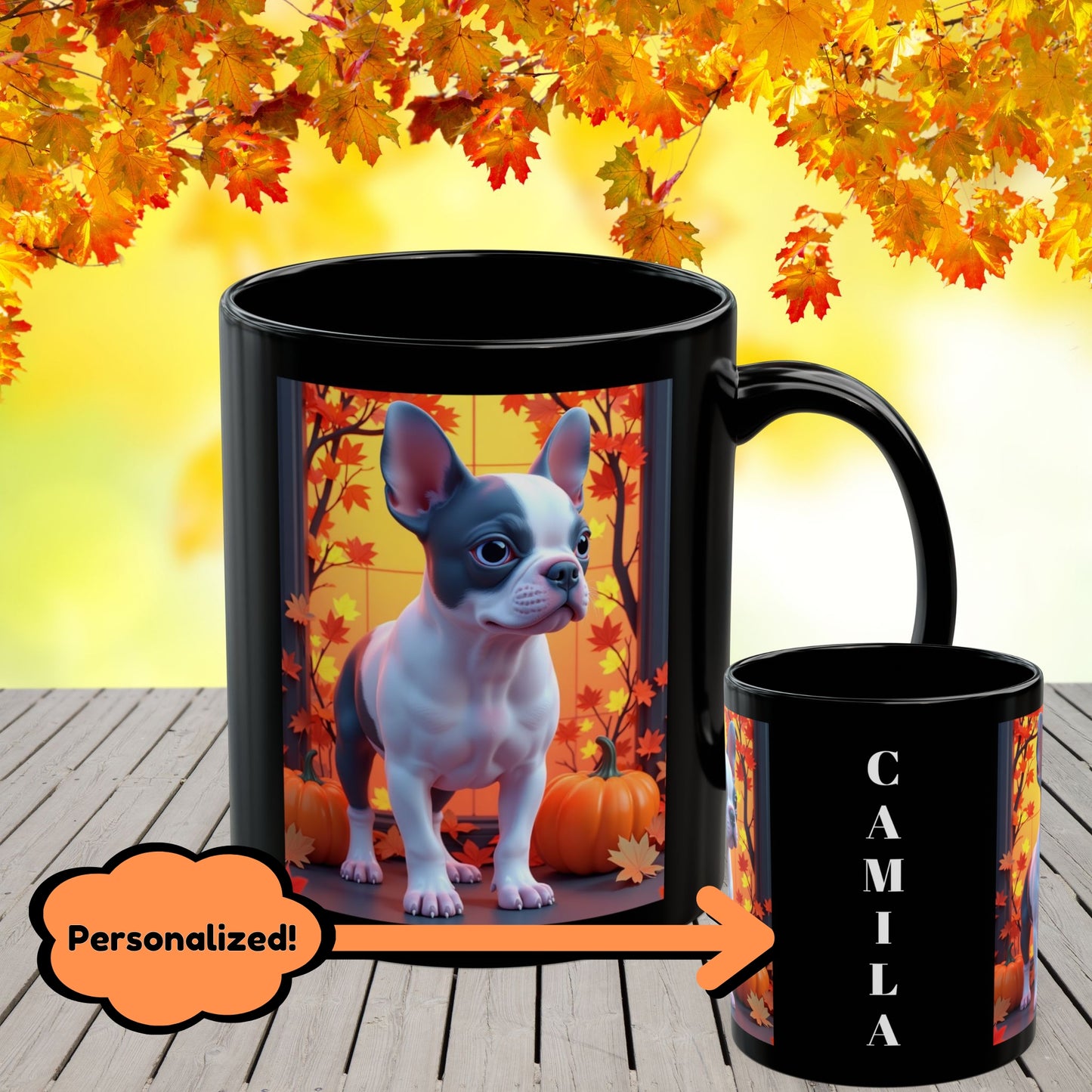 Blue Pied French Bulldog Autumn Black Mug - Seasonal dog lover gift coffee cup