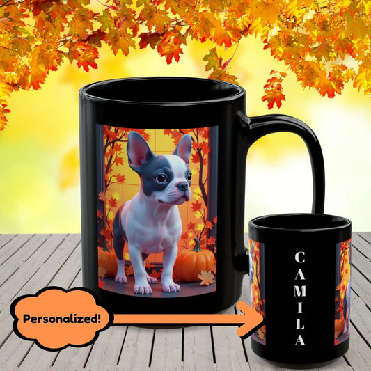 Shop our blue pied french bulldog autumn black mug featuring the 15oz style option from MySisterIsASurvivor.