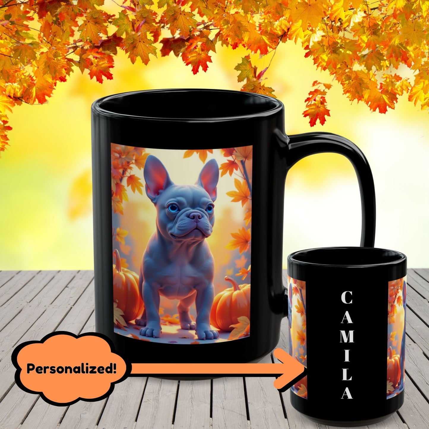 Blue French Bulldog Autumn Black Mug - Cute fall coffee mug for Frenchie dog owners