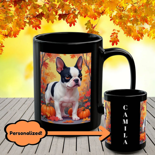 Shop our black pied french bulldog autumn black mug featuring the 15oz style option from MySisterIsASurvivor.