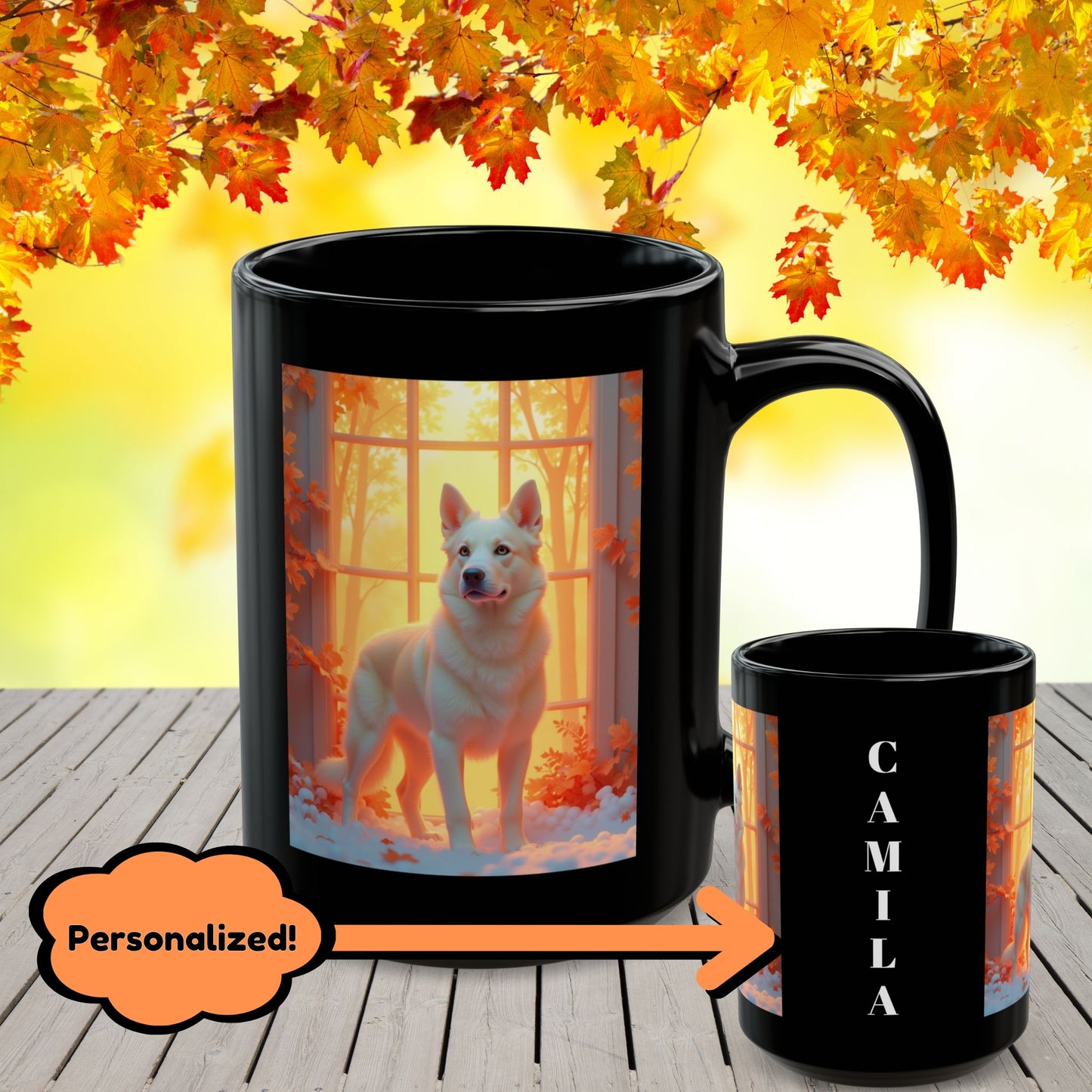 Cream German Shepherd autumn custom coffee mug, personalized fall dog lover gift cup, perfect for seasonal home decor