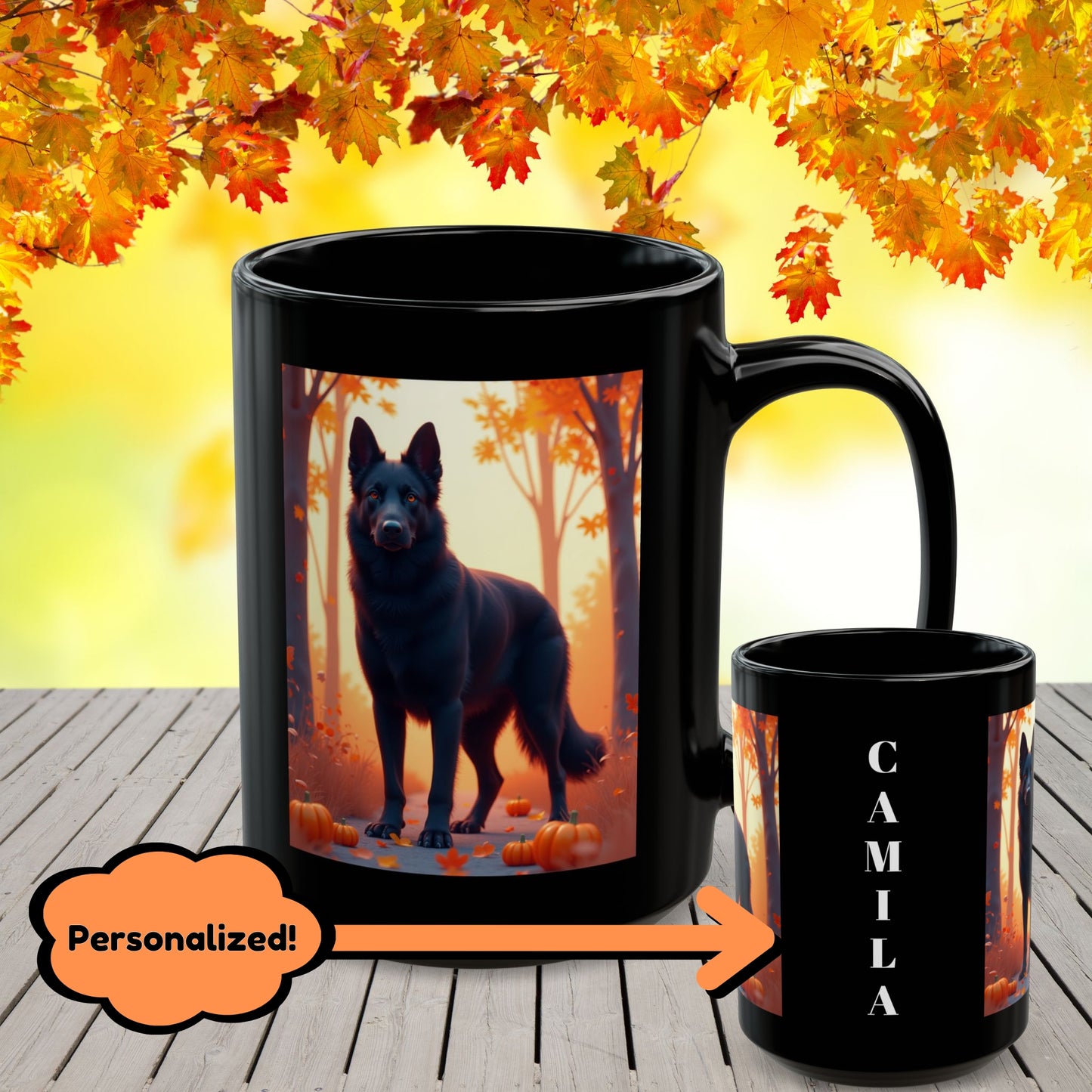 German Shepherd Black - Autumn personalized mug, custom seasonal dog gift for GSD fans