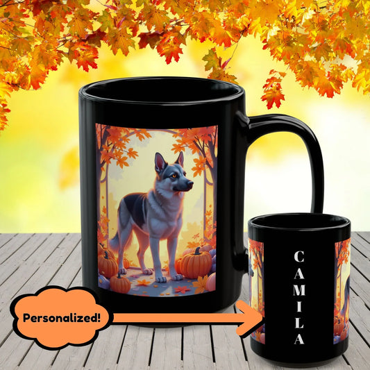 Shop our black and silver german shepherd autumn black mug featuring the 15oz style option from MySisterIsASurvivor.