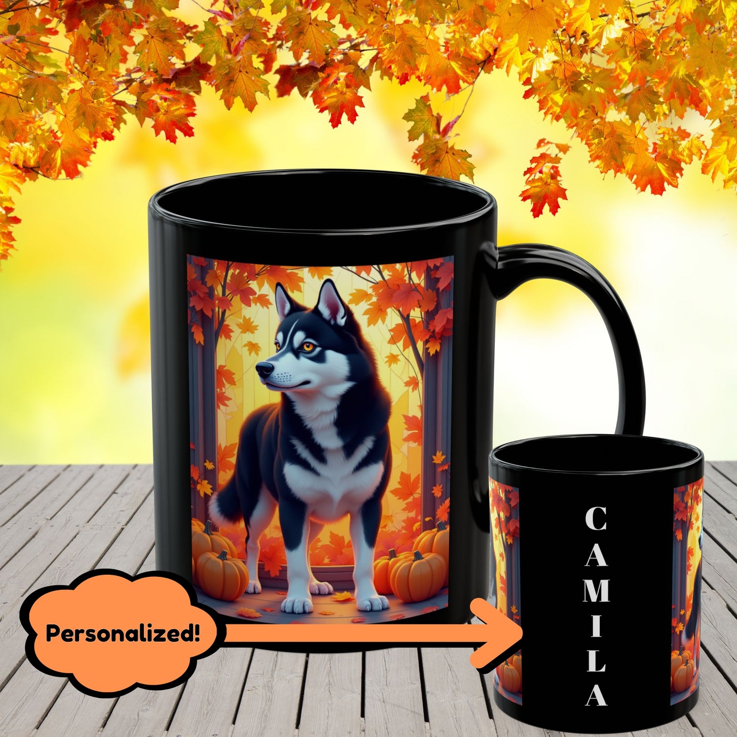 Black & White Husky (Amber Eyes) autumn mug, personalized dog owner gift for cozy fall coffee or tea