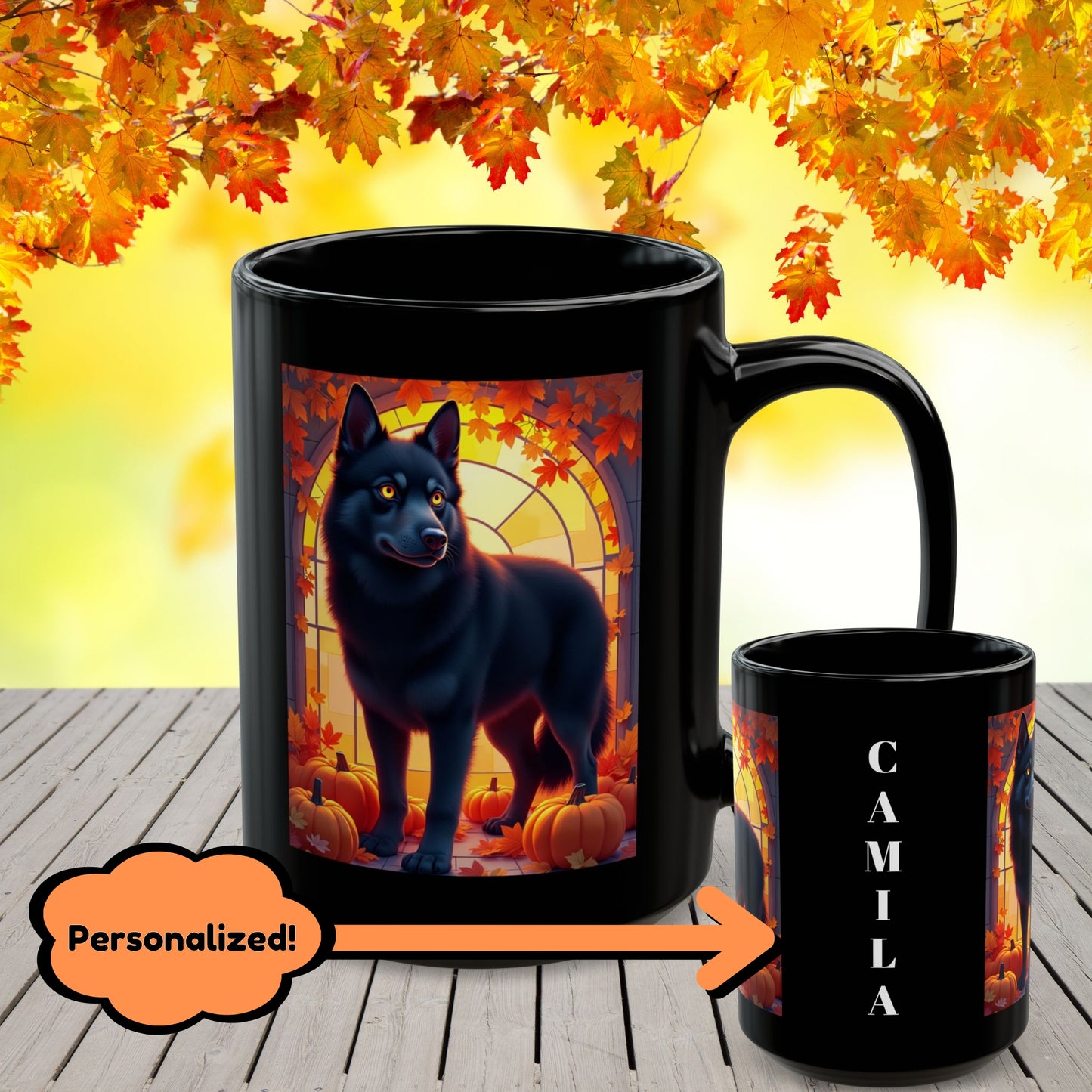 Black Siberian Husky (Amber Eyes) autumn coffee mug, personalized seasonal Husky gift for dog lovers