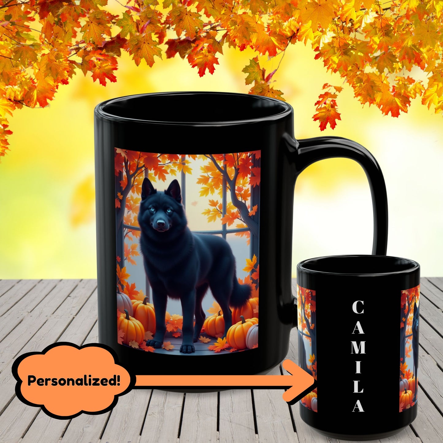 Black Siberian Husky (Blue Eyes) fall mug, custom coffee cup for Husky owners and pet parents