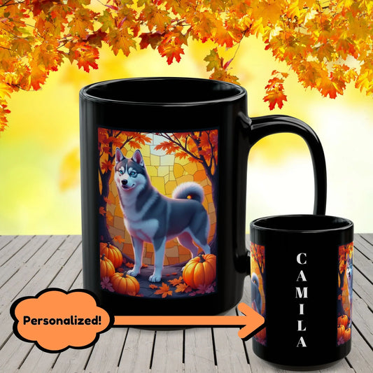 Shop our dark grey siberian husky blue eyes autumn black mug featuring the 15oz style option from MySisterIsASurvivor.