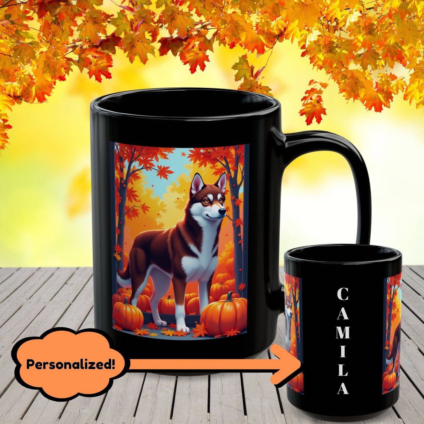 Dark Red & White Husky (Amber Eyes) autumn mug, personalized coffee cup for Husky parents and dog lovers