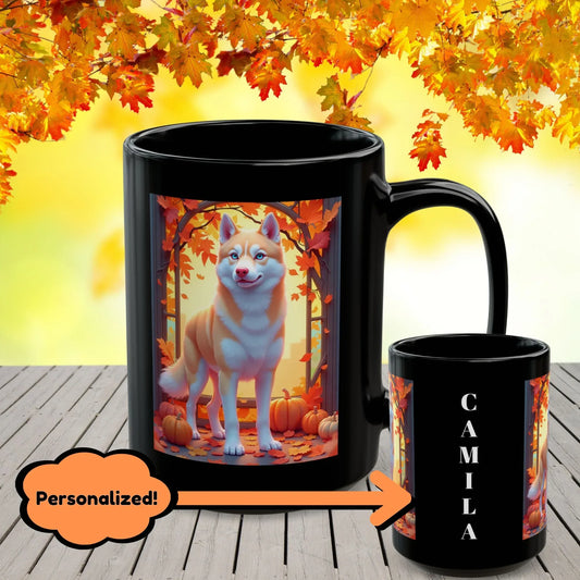 Shop our light red siberian husky blue eyes autumn black mug featuring the 15oz style option from MySisterIsASurvivor.