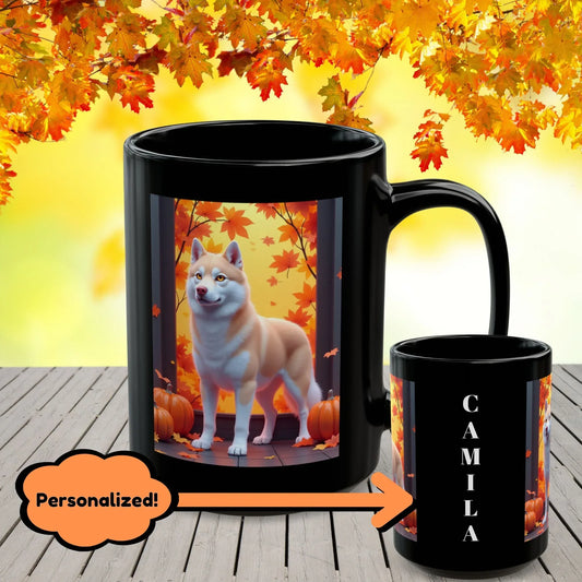 Shop our light red siberian husky amber eyes autumn black mug featuring the 15oz style option from MySisterIsASurvivor.