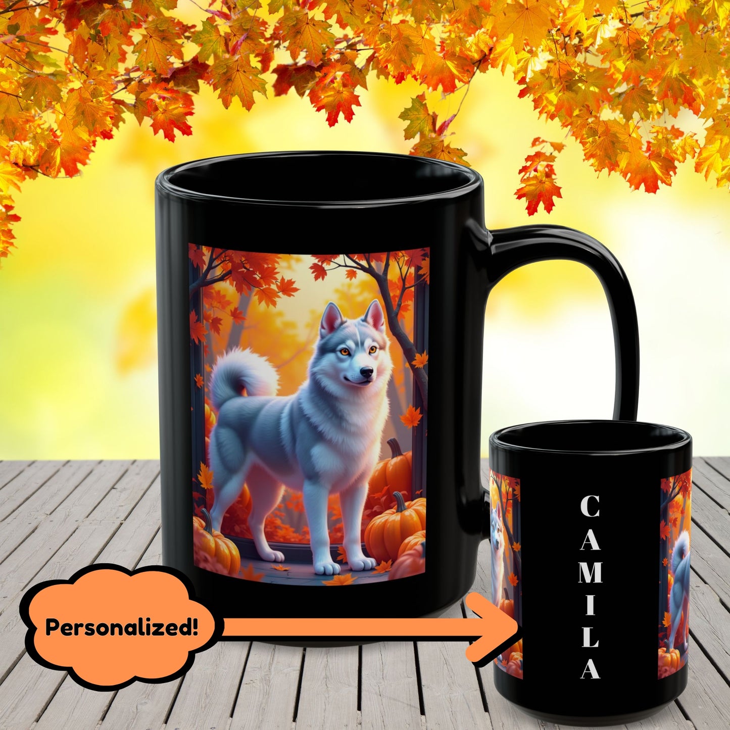 Silver Siberian Husky (Amber Eyes) autumn coffee mug, personalized gift for Husky lovers and dog parents