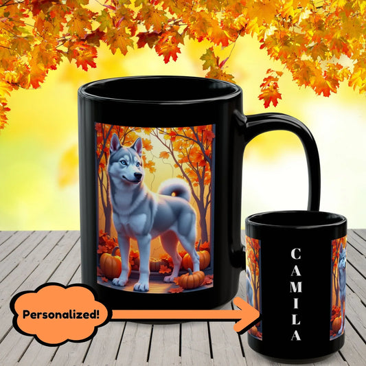 Shop our silver siberian husky blue eyes autumn black mug featuring the 15oz style option from MySisterIsASurvivor.