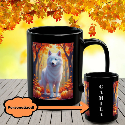 Shop our white siberian husky autumn black mug featuring the 15oz style option from MySisterIsASurvivor.