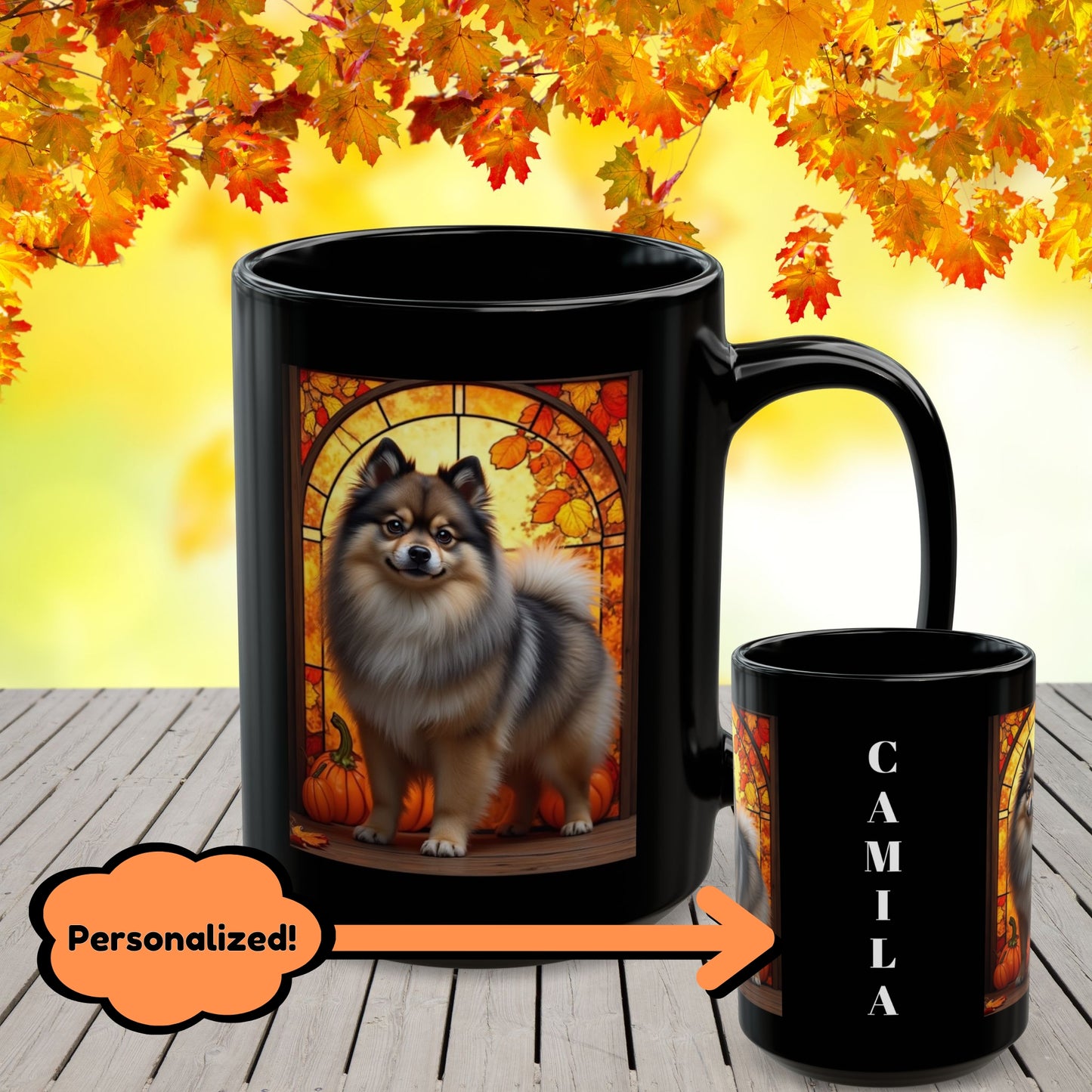 Wolf Sable Pomeranian autumn mug, personalized coffee cup for dog moms, dads, and Pom enthusiasts