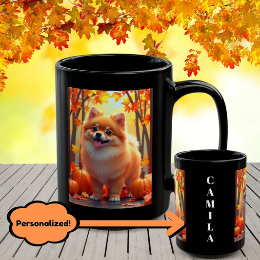 Shop our orange pomeranian autumn black mug featuring the 15oz style option from MySisterIsASurvivor.