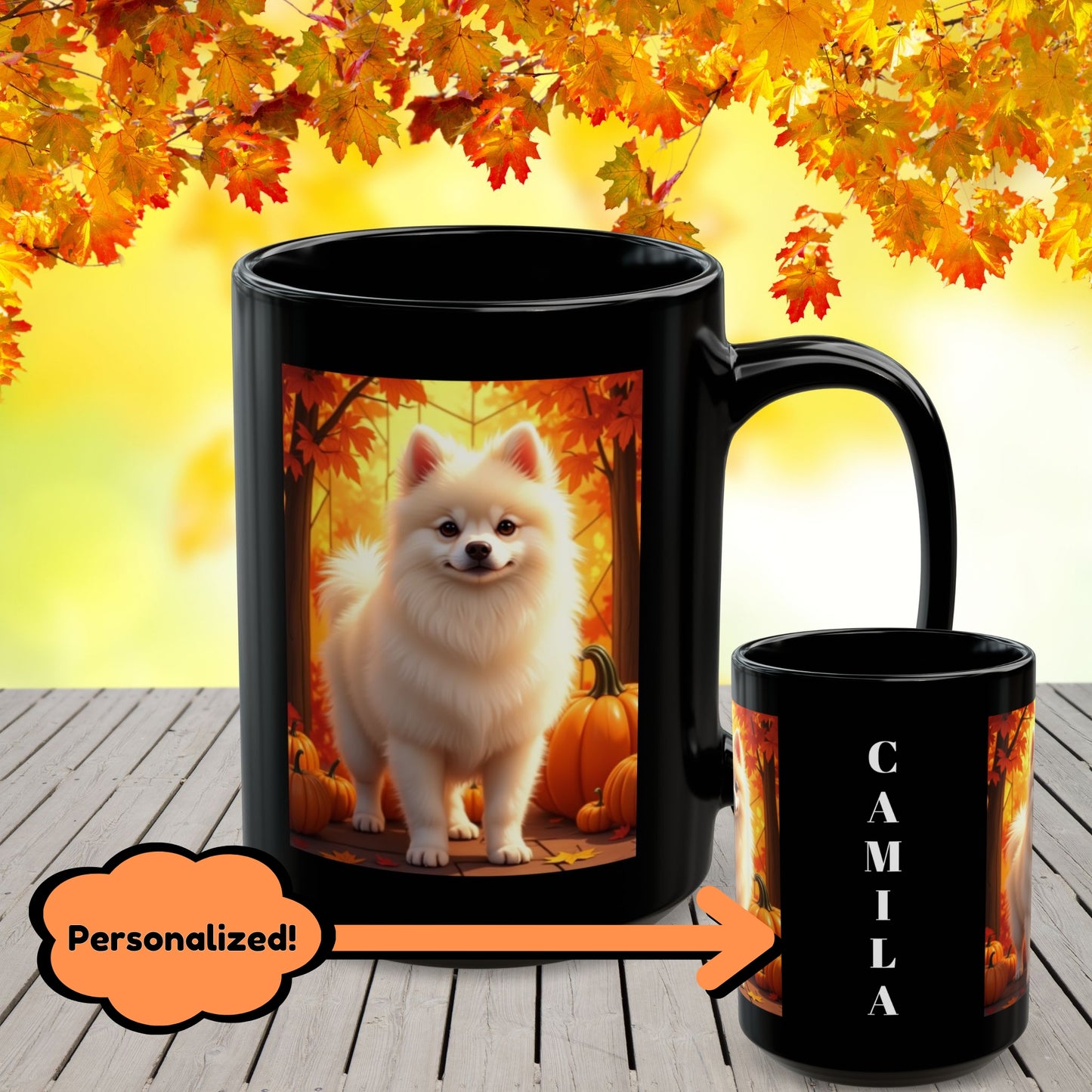 Cream Pomeranian personalized fall mug, custom coffee cup for autumn dog owners and Pom lovers