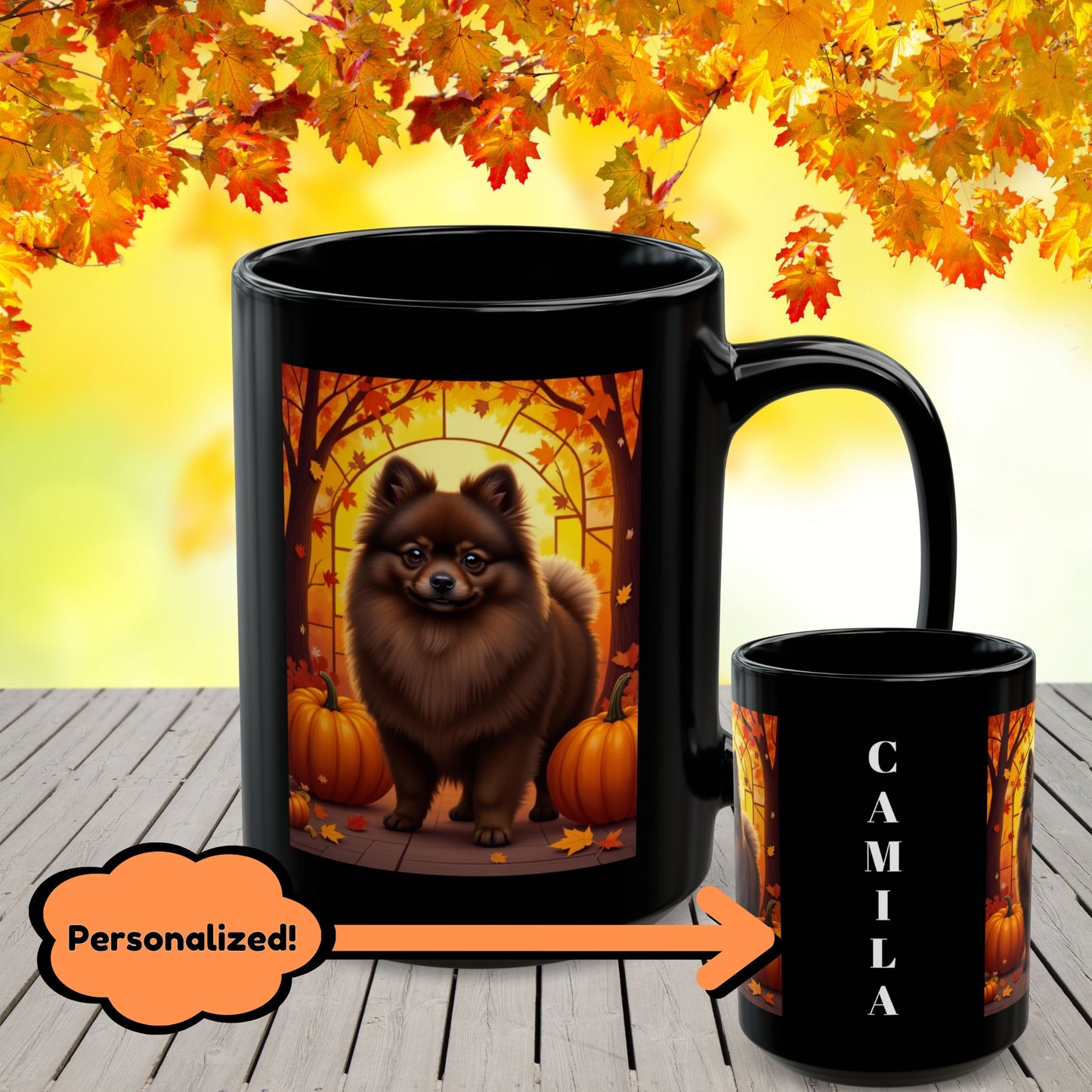 Chocolate Pomeranian autumn coffee mug, custom name dog lover gift for cozy seasonal drinks