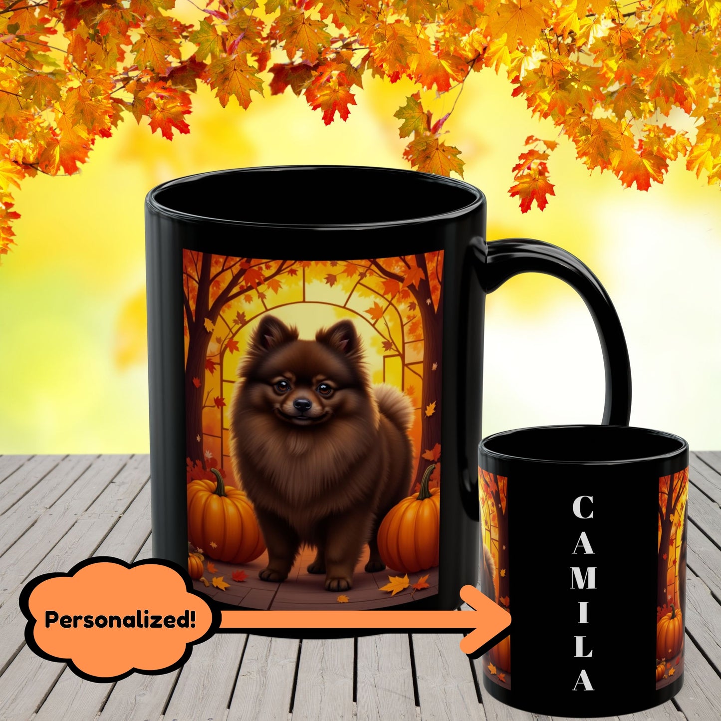 Chocolate Pomeranian autumn coffee mug, custom name dog lover gift for cozy seasonal drinks