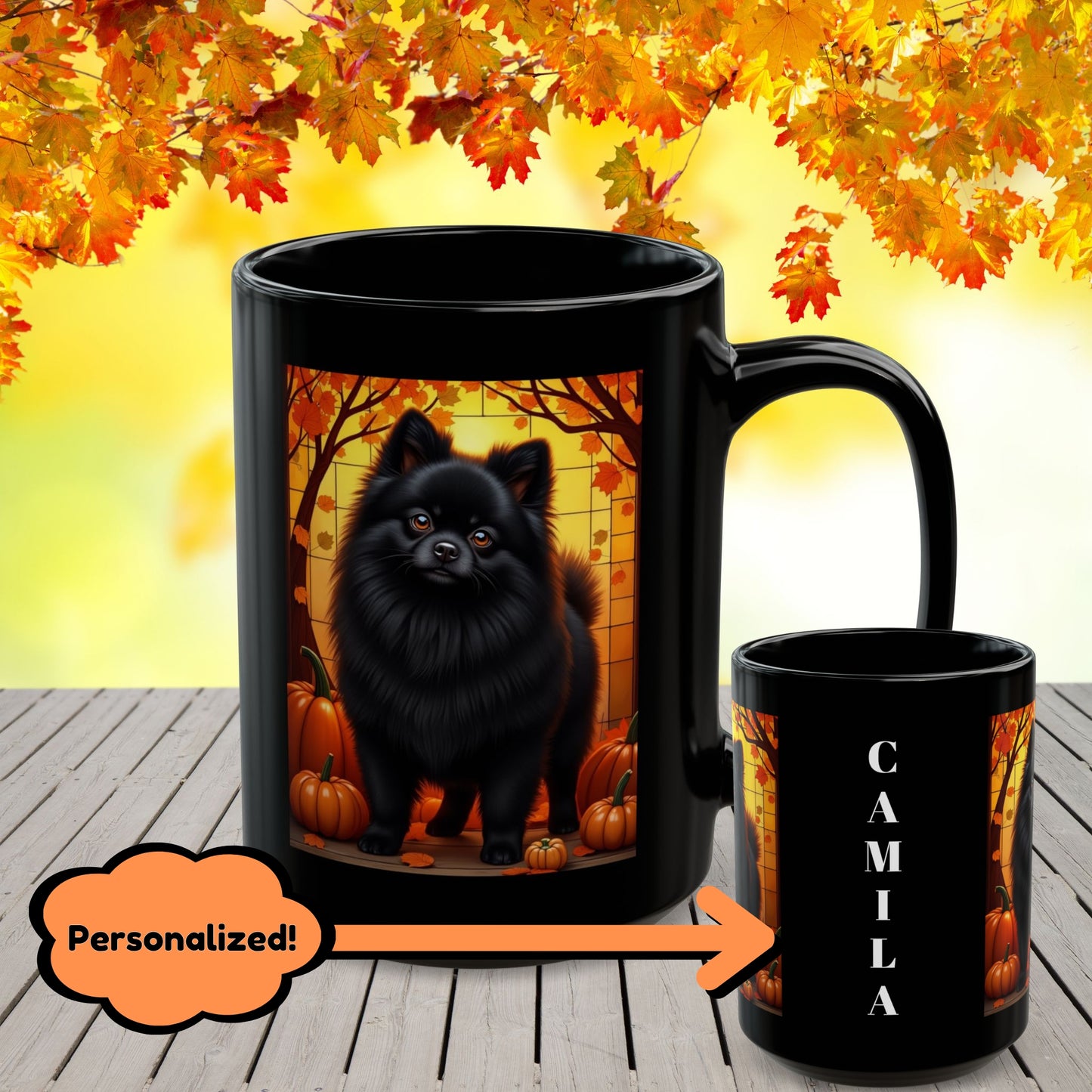 Pomeranian Black - Custom name autumn coffee mug, dog parent gift for Pomeranian lovers