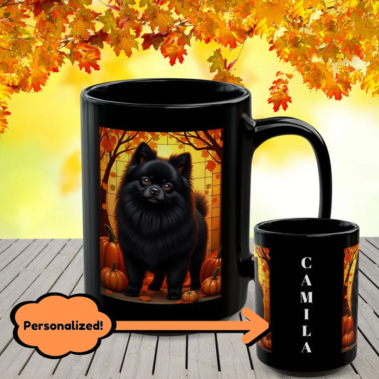 Shop our black pomeranian autumn black mug featuring the 15oz style option from MySisterIsASurvivor.
