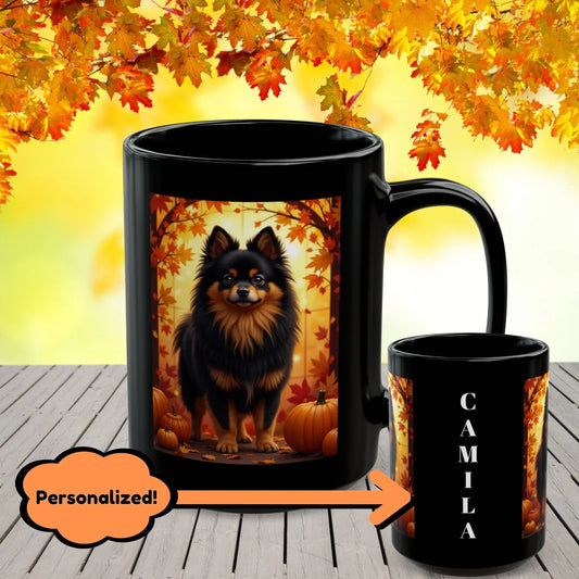 Shop our black tan pomeranian autumn black mug featuring the 15oz style option from MySisterIsASurvivor.